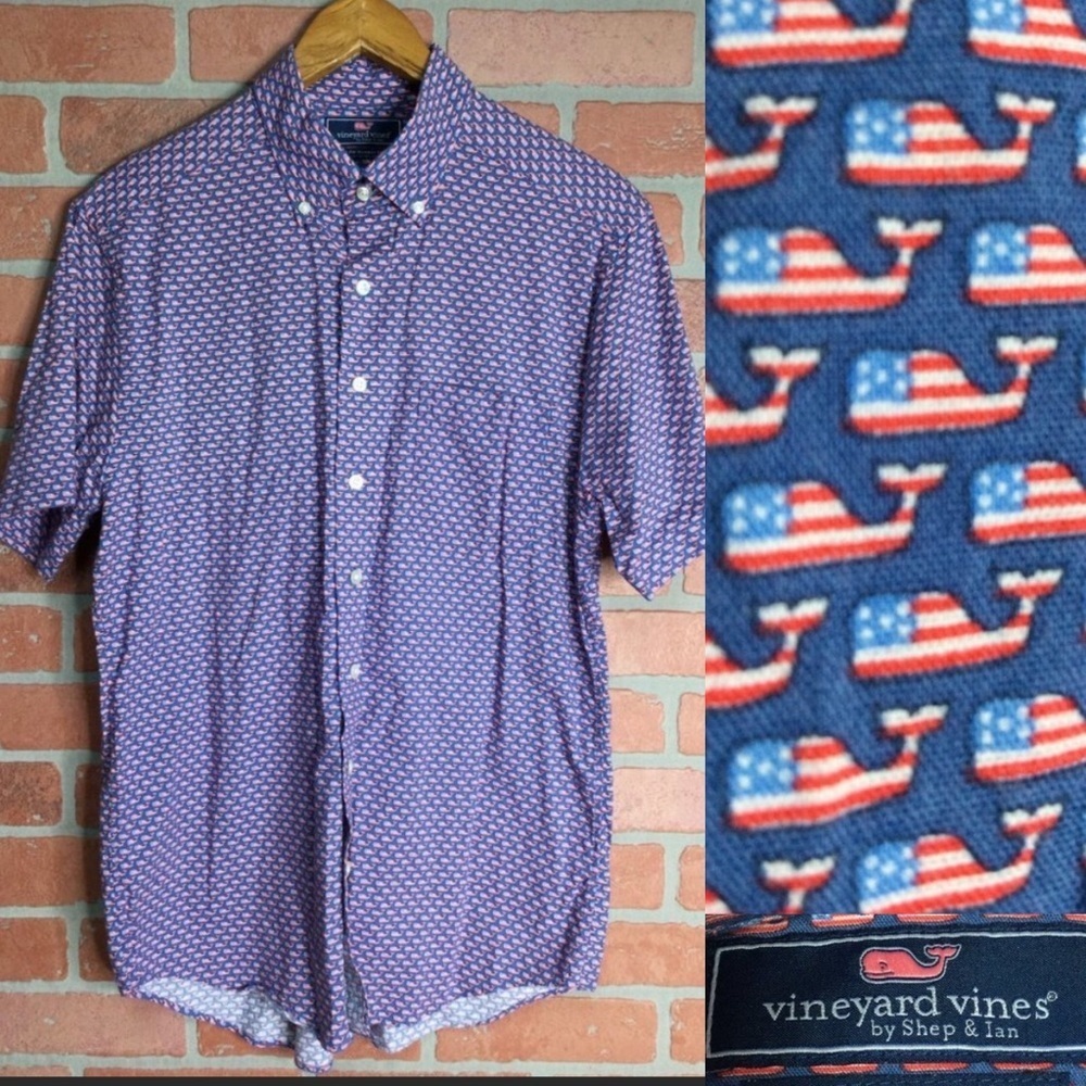 Vineyard Vines Mens Murray Shirt M Slim Fit Button Front Flag Whales Print